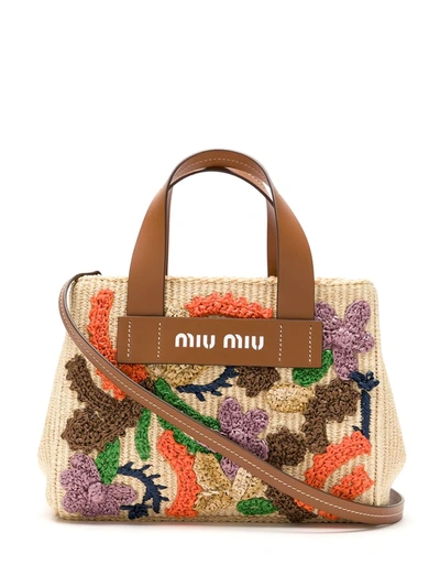 Miu Miu Women's Floral-embroidered Basket Tote In Naturale Cognac (beige)