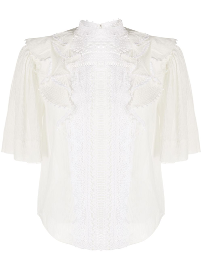 Isabel Marant Ioleya Pompom-trim Crinkled Cotton-blend Blouse In White