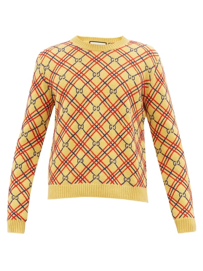 Gucci Gg And Check-embroidered Wool Sweater In Yellow