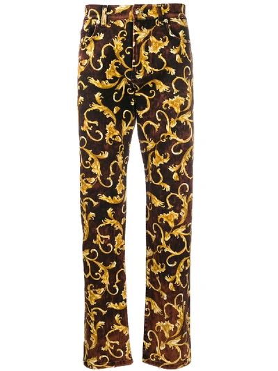 Versace Baroque-print Cotton-blend Jeans In Brown