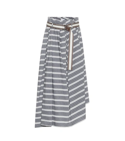 Brunello Cucinelli Asymmetric Embellished Pleated Striped Cotton Midi Skirt In Black White