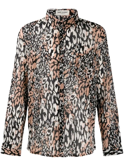 Saint Laurent Leopard Print Long-sleeved Shirt In Black