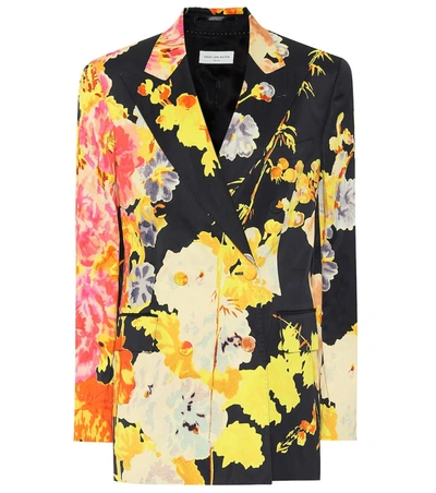 Dries Van Noten Double-breasted Floral-print Satin Blazer In Black