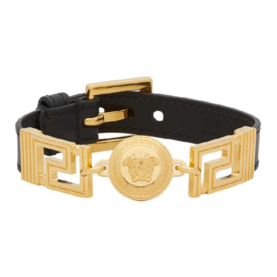 Versace Gv Greek Motif Leather Belt Bracelet In D41oh Blkgl