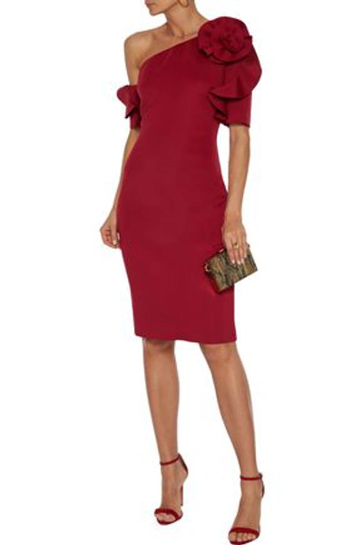 Badgley Mischka One-shoulder Floral-appliquéd Neoprene Dress In Brick