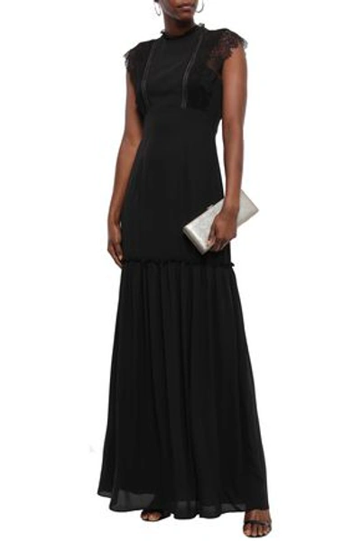 Mikael Aghal Lace-trimmed Gathered Crepe De Chine Gown In Black