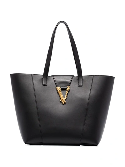 Versace Virtus Leather Tote Bag In Black