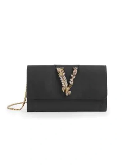 Versace Virtus Evening Leather Wallet On Chain In Black