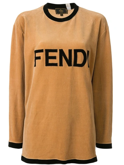 Pre-owned Fendi Velvet Effect Logo T-shirt In Brown