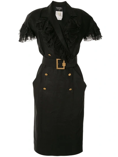 Pre-owned Chanel Ruffled Details Belted Dress In Black