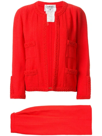 Pre-owned Chanel Waffle Texture Skirt Suit In Red