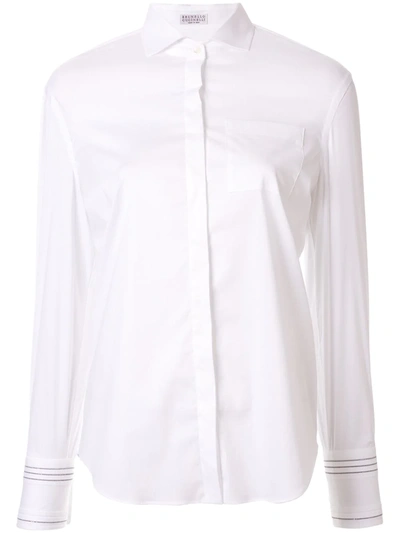 Brunello Cucinelli Spread Collar Embellished Cuff Shirt In Bianco