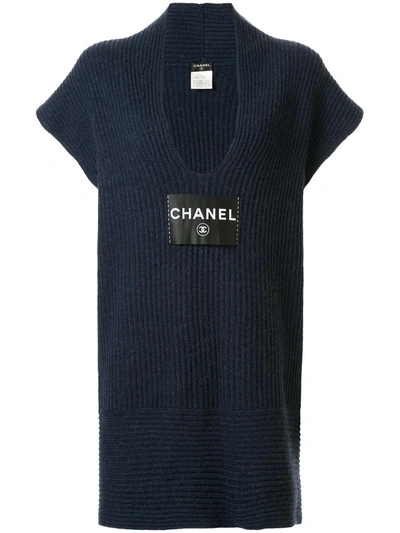 Pre-owned Chanel 2008 Logo Patch Knitted Dress In Blue