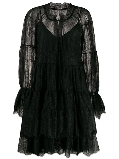 Ermanno Scervino Layered Scalloped Lace Silk Dress In Black
