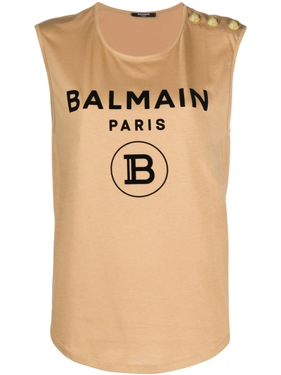 Balmain Logo Detail Tank Top In Neutrals