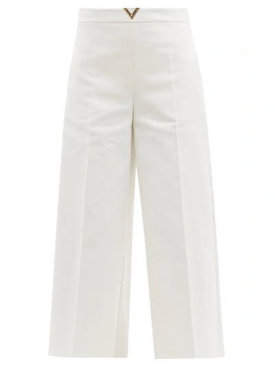 Valentino V-gold Cotton-blend Wide-leg Trousers In White