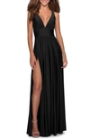 La Femme Plunge Neck A-line Gown In Black