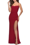 La Femme Spaghetti Strap Jersey Gown In Red
