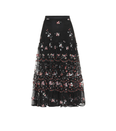 Tory Burch Embroidered Floral Print Ruffled Skirt In Black