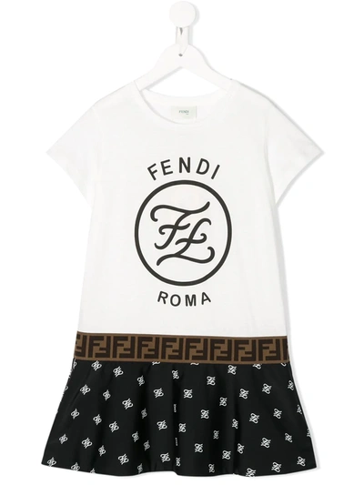 Fendi Kids' Girl's Short-sleeve Mixed Logo Dress In White