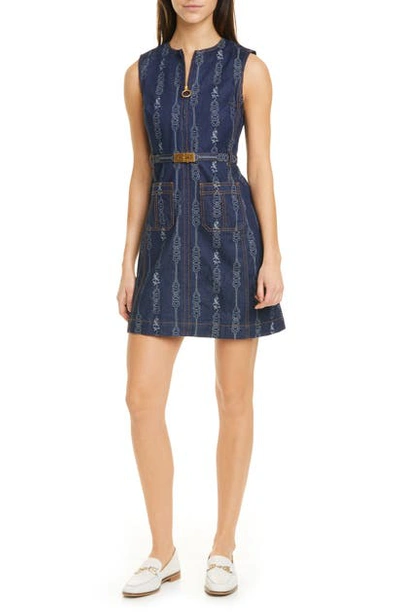 Tory Burch Belted Gemini Jacquard Sleeveless Denim Dress In Gemini Link  Bloom Jacquard | ModeSens