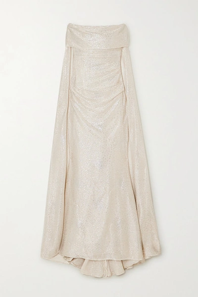 Talbot Runhof Bortolo Cape-effect Ruched Metallic Voile Gown In Gold