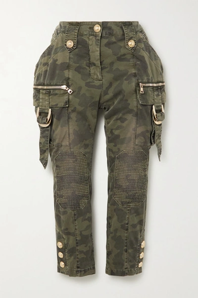 Balmain Cropped Button-embellished Camouflage-print Denim Slim-leg Pants In Army Green