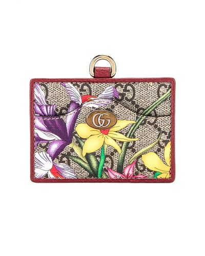 Gucci Ophidia Gg Flora Card Case With Lanyard In Beige Ebony & Red