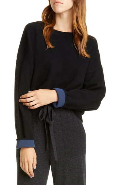 Vince Double Layer Cashmere Crewneck Sweater In Black/ Navy