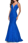 La Femme Sleeveless Lace Mermaid Gown In Blue