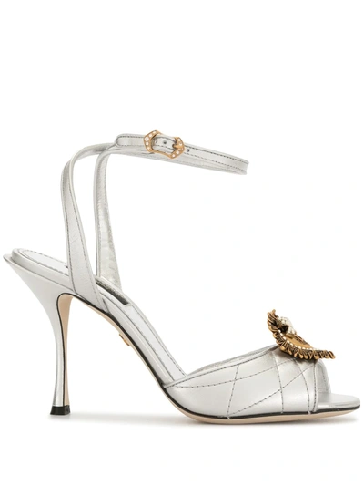Dolce & Gabbana Keira Devotion Embellished Quilted Metallic Leather Sandals In Silver