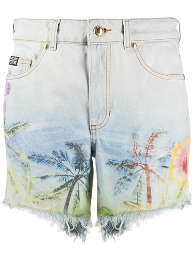 Versace Jeans Couture Palm-print Denim Shorts In Blue