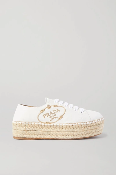 Prada Logo-embroidered Leather Platform Espadrilles In White