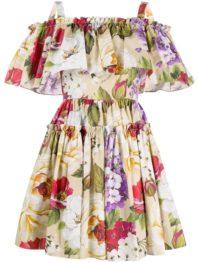 Dolce & Gabbana Cold-shoulder Ruffled Floral-print Cotton-poplin Mini Dress In Beige