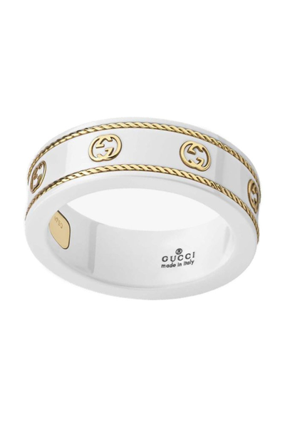 Gucci Icon Interlocking G Zirconia And 18kt Gold Ring In White