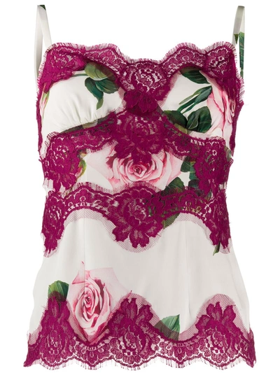 Dolce & Gabbana Rose Print Lace Panelled Top In Cream/multicolor