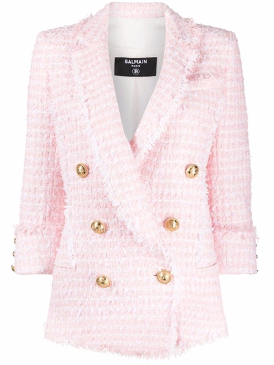 Balmain Light Pink Cotton-blend Double-breasted Tweed Jacket In Pink And White