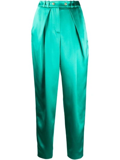 Balmain High Waist Wide Leg Silk Satin Pants In Green