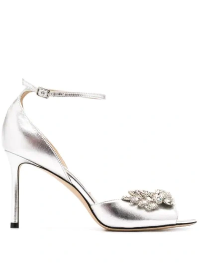 Jimmy Choo Tris 85 Metallic And Crystal-embellished Leather Courts In Silver/crystal