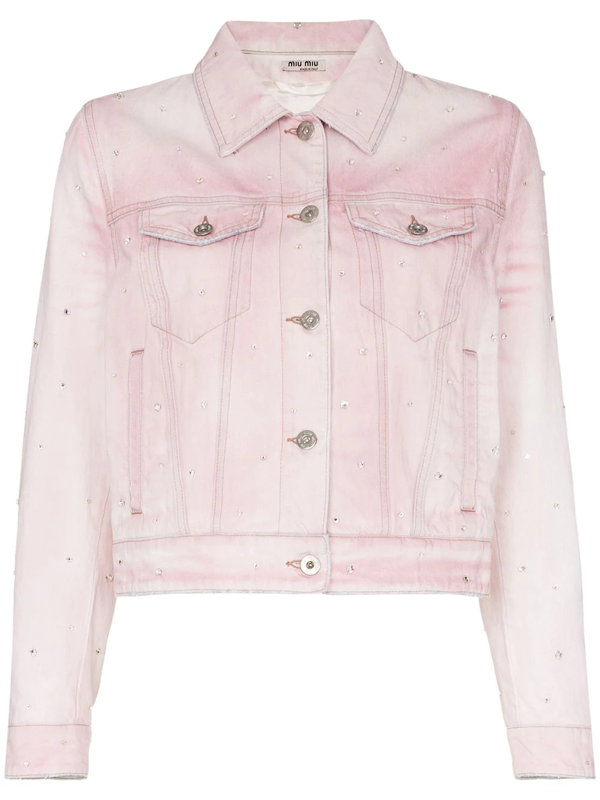 Miu Miu Pink Crystal Embellished Denim Jacket | ModeSens