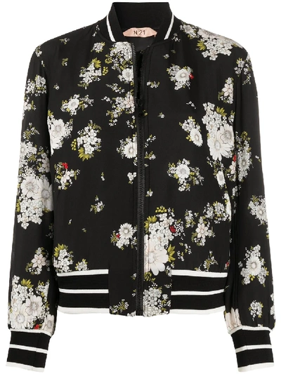 N°21 Floral-print Silk Bomber Jacket In Stampa Fondo Nero