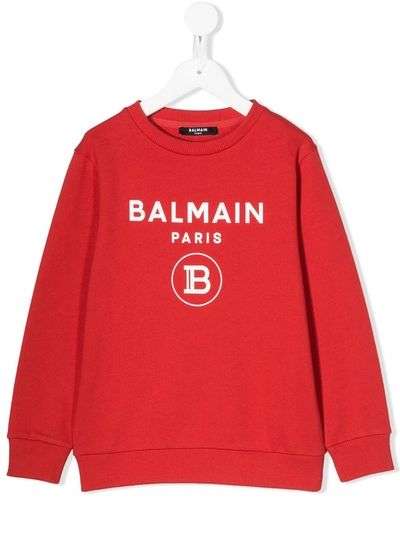 Balmain Logo Print Crew Neck Sweatshirt In Red