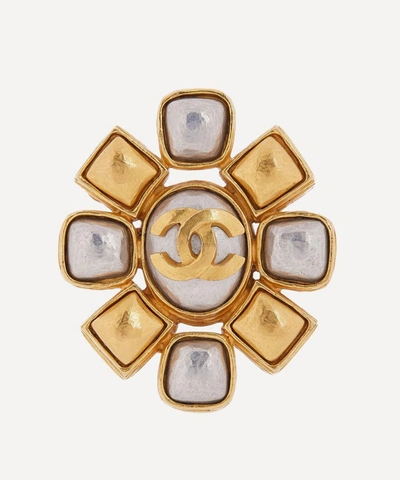 Designer Vintage 1990s Chanel Gilt Faux Pearl Brooch In Gold