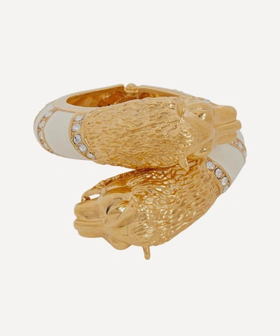 Designer Vintage 1970s Gilt Lacquer And Faux Diamond Lion Cuff Bracelet In Gold