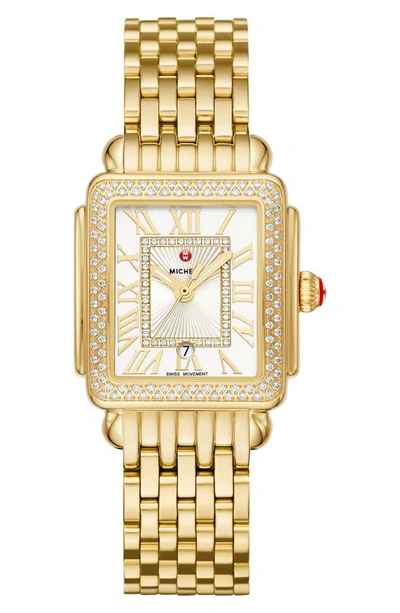 Michele Deco Madison Mid 18k Gold Diamond Bracelet Watch In White/gold