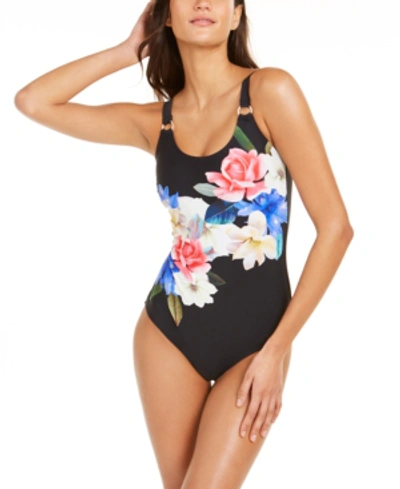 Calvin Klein Starburst Printed One-piece Swimsuit, Created For Macy's Women's Swimsuit In Black Garden Floral