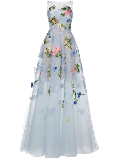 Oscar De La Renta Strapless Floral Appliqué Tulle Gown In Cornflower