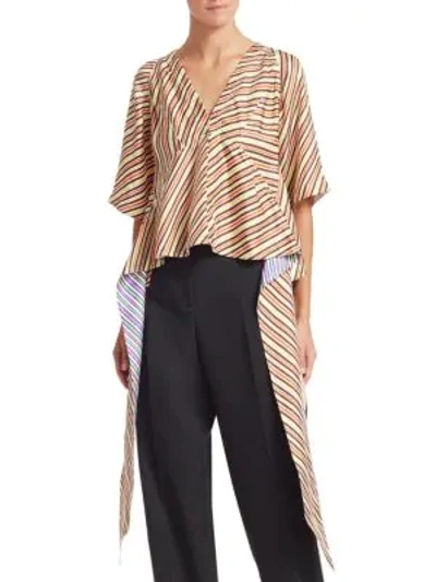 Calvin Klein Asymmetric Stripe Silk Blouse In Tan Multi