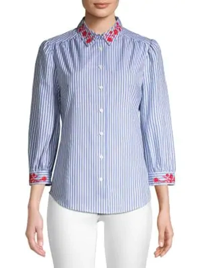 Draper James Women's Embroidered Striped Button-down Shirt In Blue