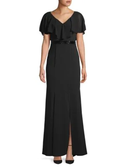 Carmen Marc Valvo Infusion Flounce Slit Gown In Black